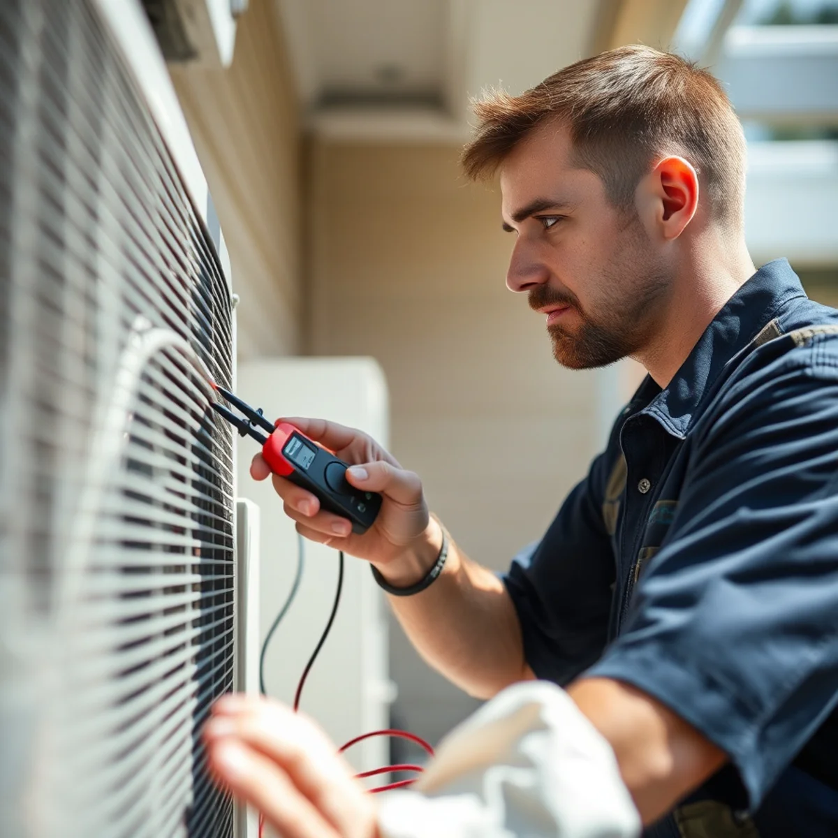 HVAC technician diagnosing an air conditioner during an AC repair