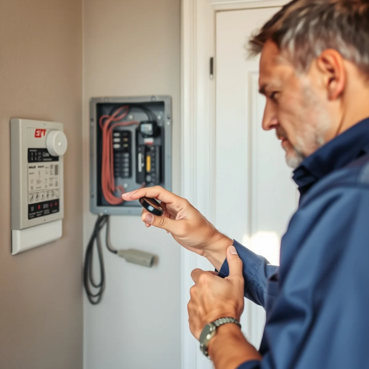 Homeowner checking a thermostat before calling an HVAC technician