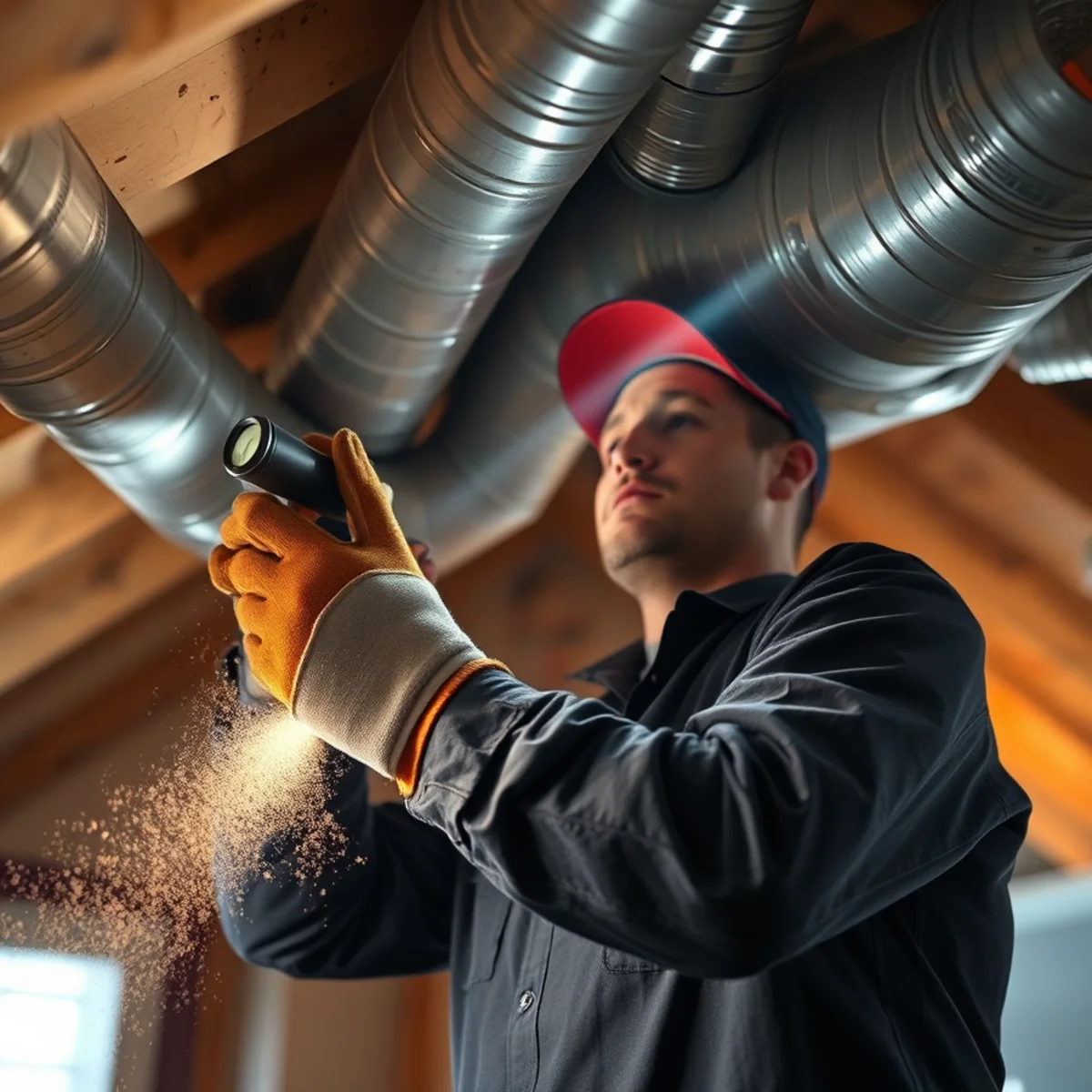 HVAC technician repairing ductwork in an attic in Phenix City, AL